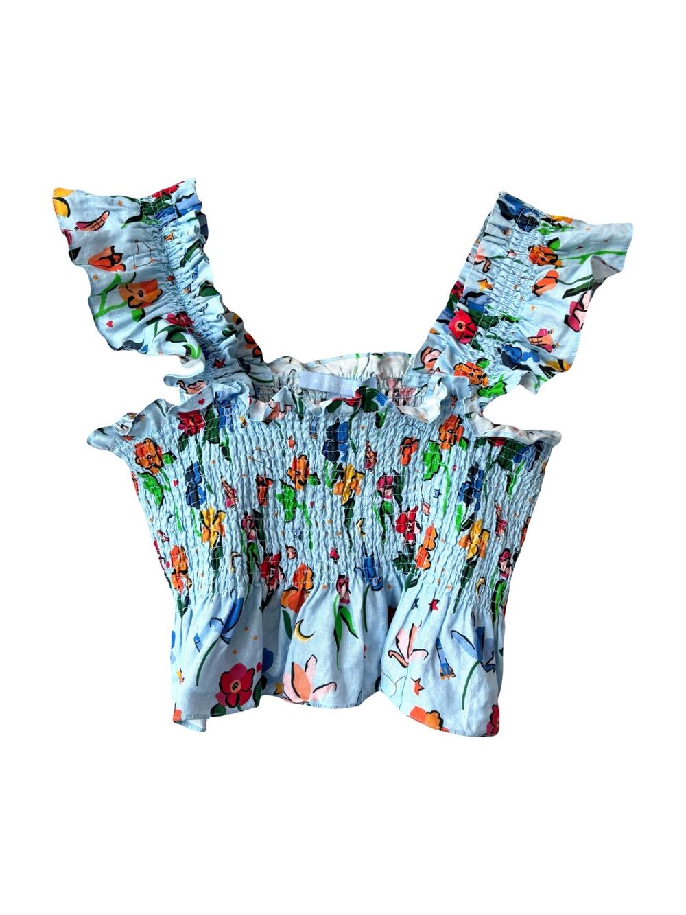 Hill House Print Linen Smocked Sleeveless Blouse Sz XL